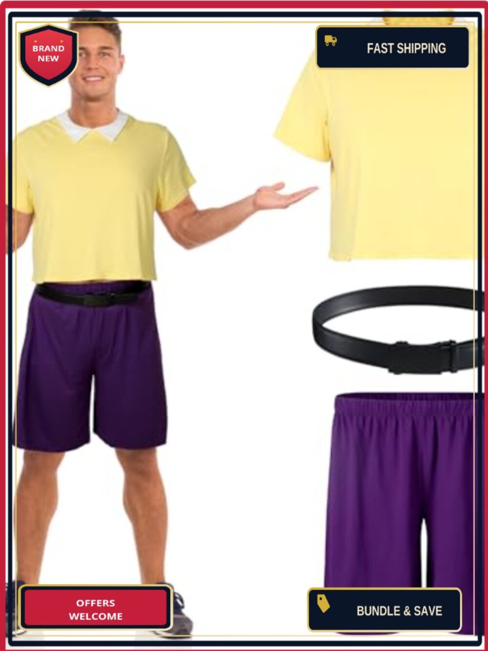Men's Halloween Costume Set XL Yellow Shirt Purple Shorts 3 Pc